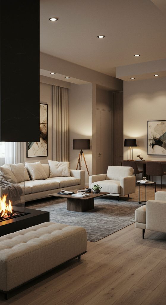 Living room with gray sofa and fireplace in low evening light