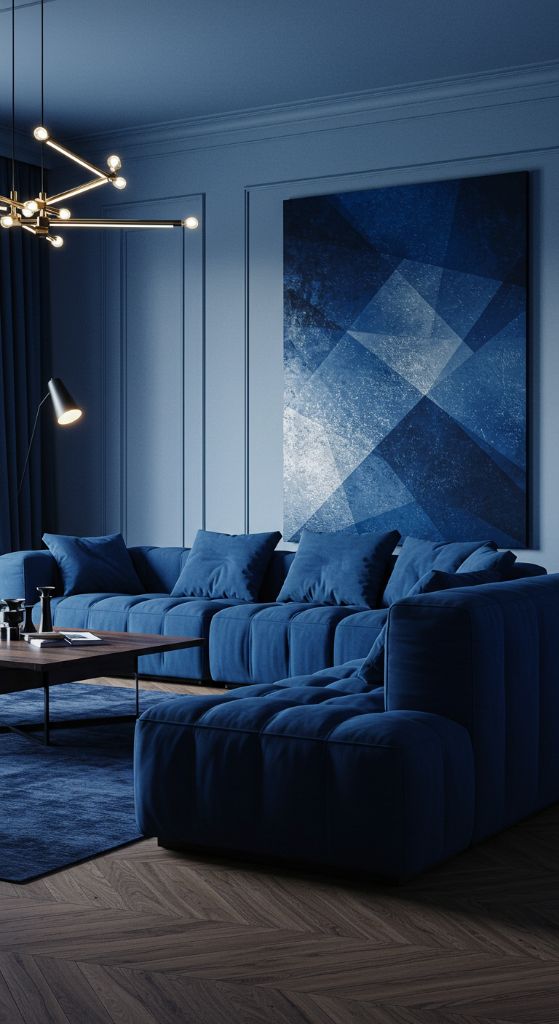 Deep blue sectional sofa with modern lighting