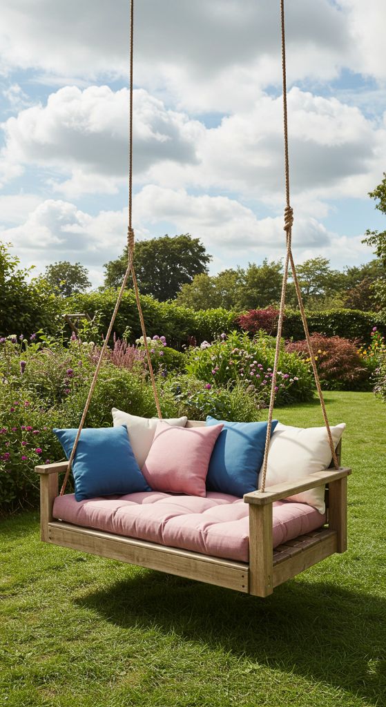 Simple wooden swing with pink and blue cushions