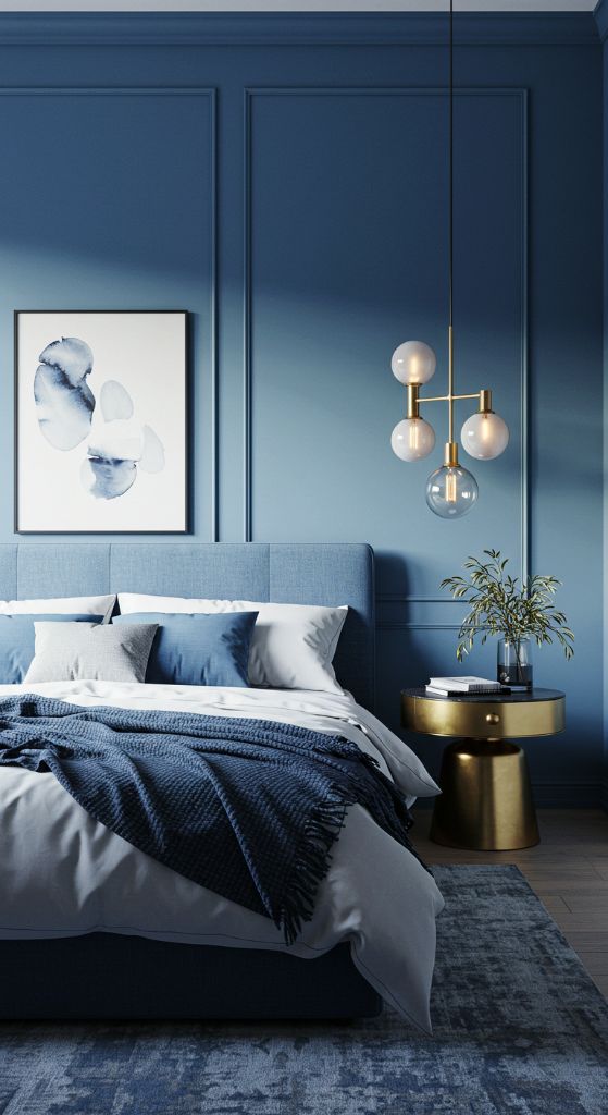 Light Blue Bedroom with Globe Pendant Light