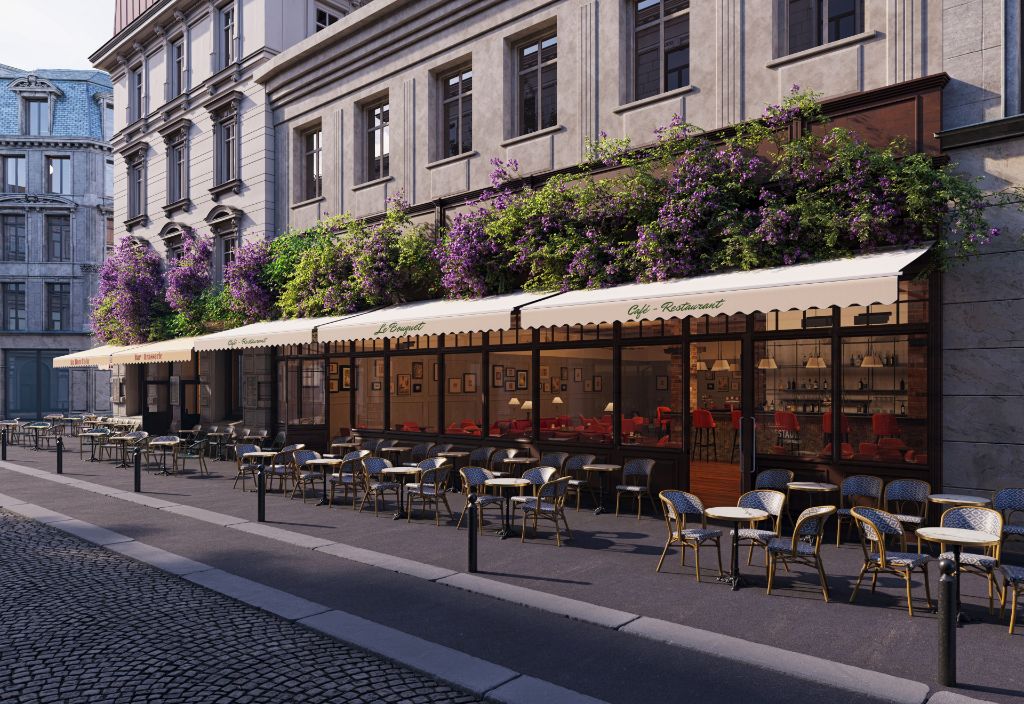 Café parisien avec chaises en rotin en terrasse