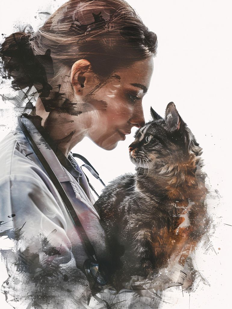 수의사가 고양이를 세심하게 진료하는 전문적인 의료 현장