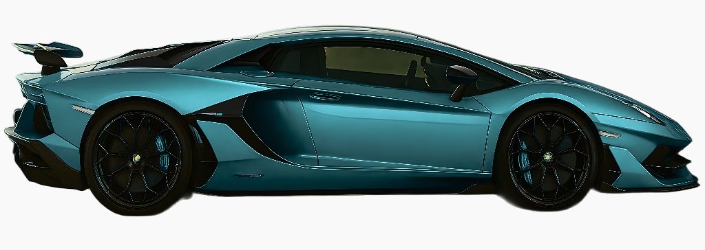 Side profile of a metallic blue sports car with sleek aerodynamic design