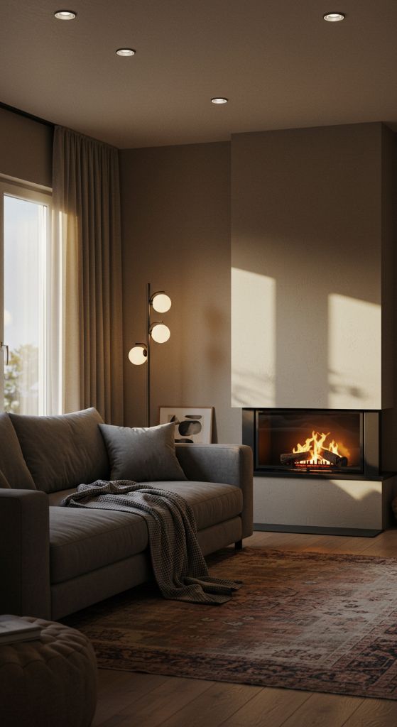 Living room with modern corner fireplace and marble base