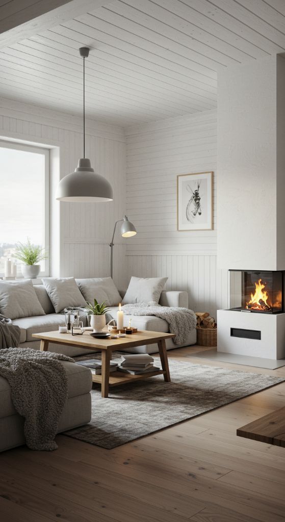 Living room with blue sofa, modern lighting and fireplace