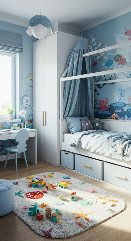 Marine-themed blue bedroom with underwater mural