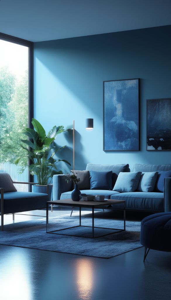 Blue living room with large plant and natural light
