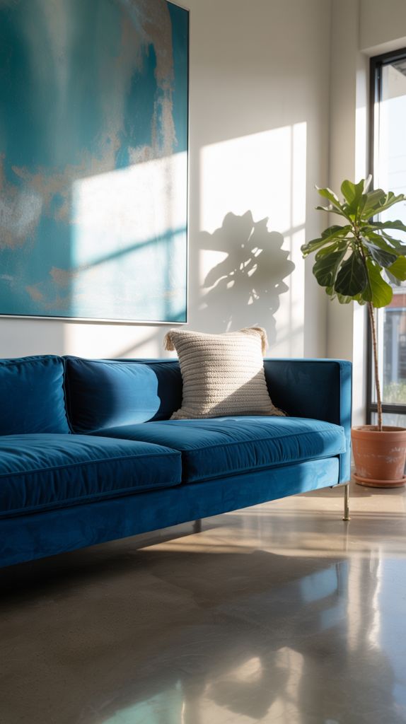 Bright room with blue velvet sofa and abstract painting
