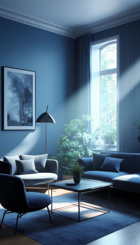 Blue room with modern furniture and blue wall art