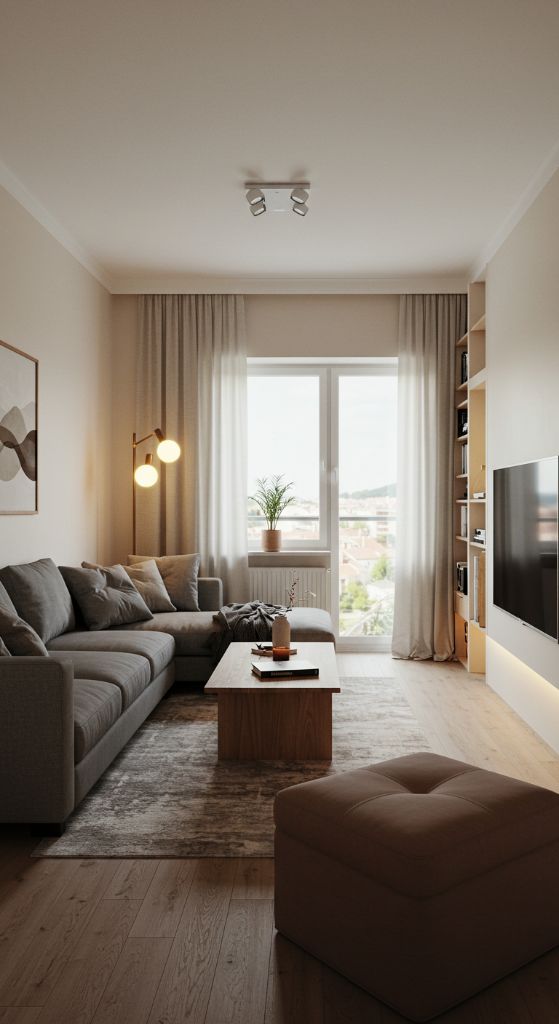 Small modern living room with sectional and large windows
