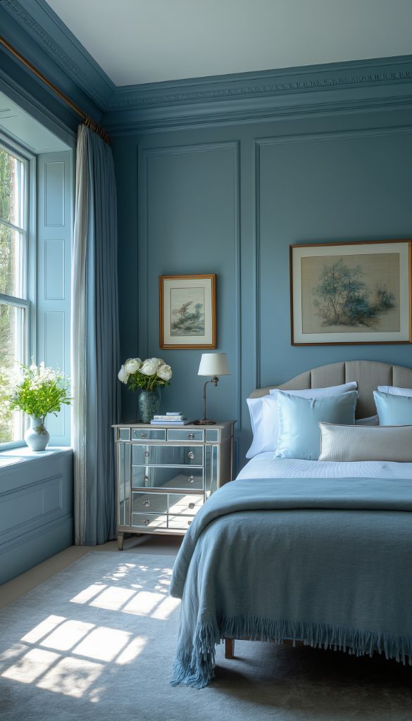 Light Blue Bedroom with Mirrored Furniture