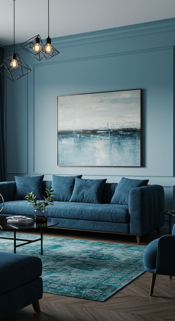 Modern blue living room with various blue tones and artwork