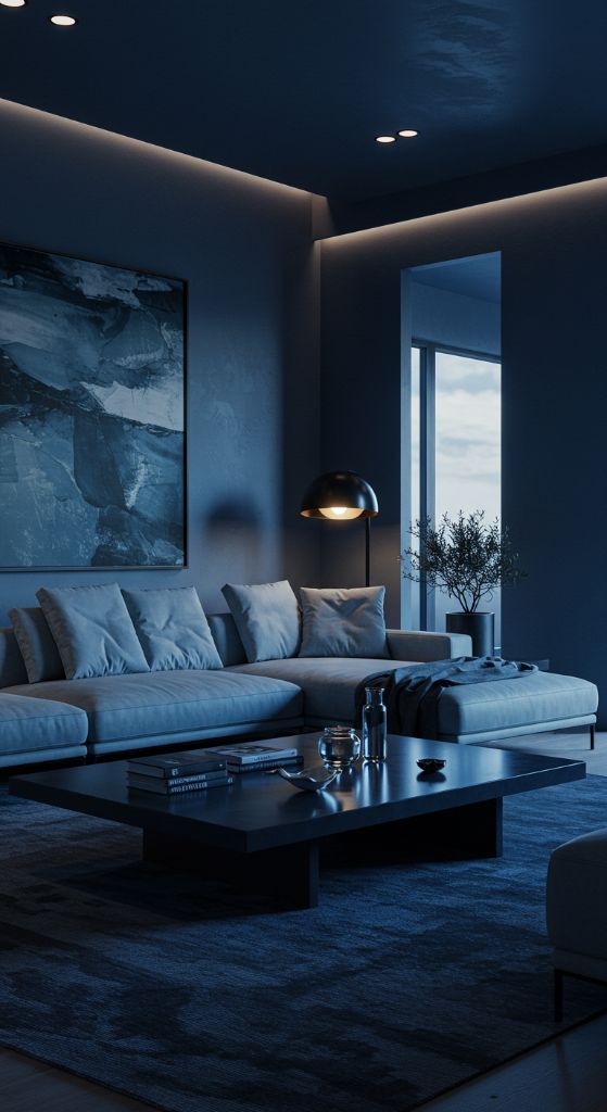 Modern living room with navy sofa and recessed lighting