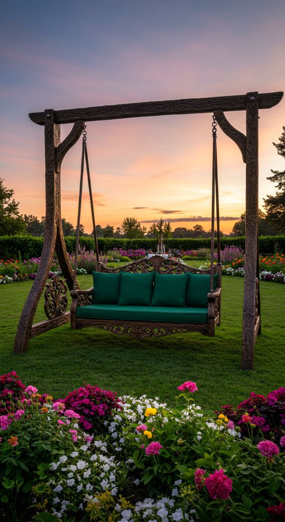 Rustic wooden swing with emerald cushions at sunset