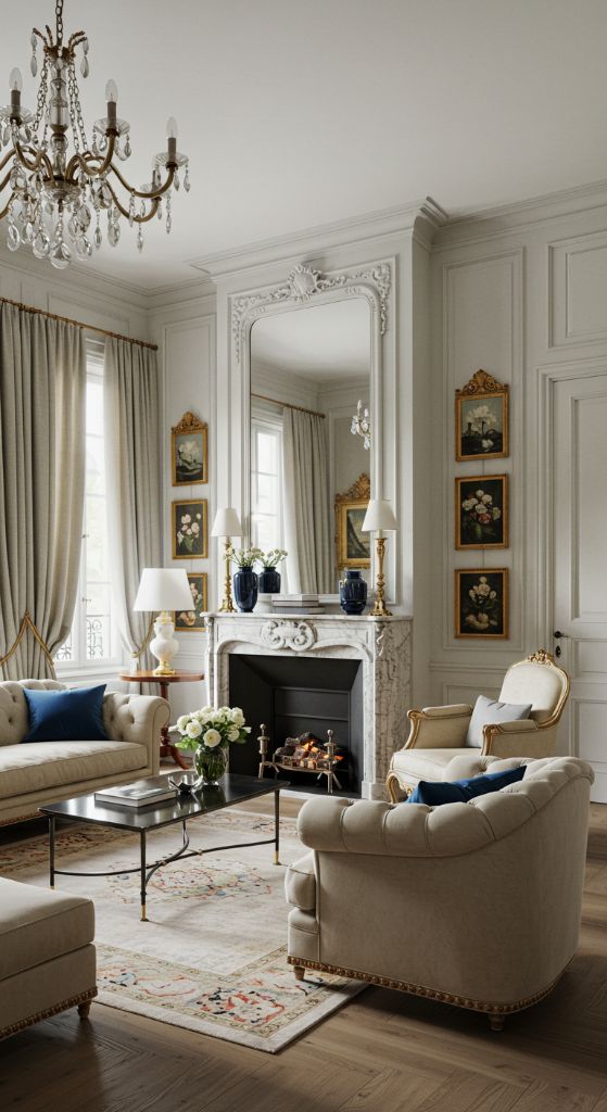Teal velvet sofa with Paris-themed gallery wall