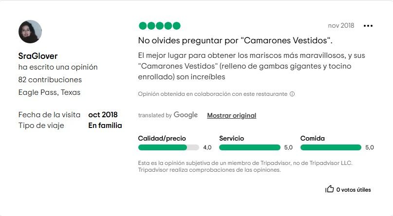 Reseña TripAdvisor El Marinero - 5 estrellas restaurante mariscos