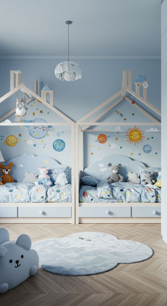 Twin house beds with space theme