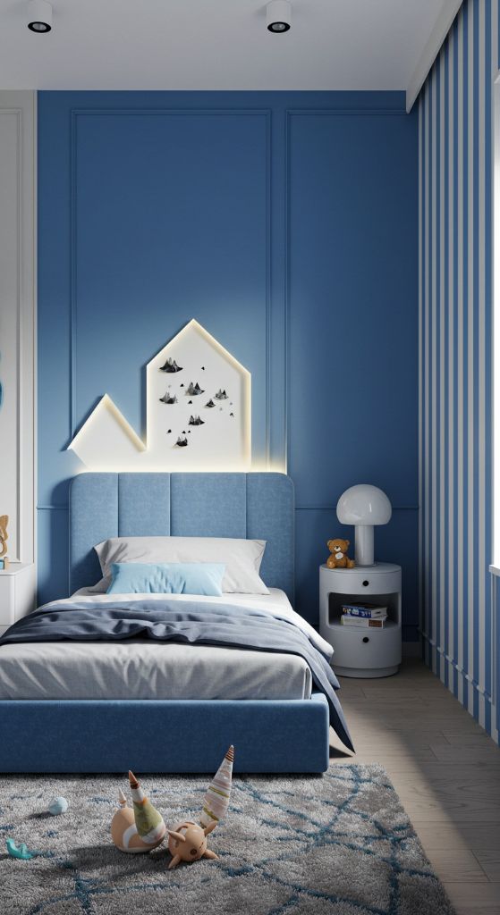 Blue bedroom with mountain headboard design