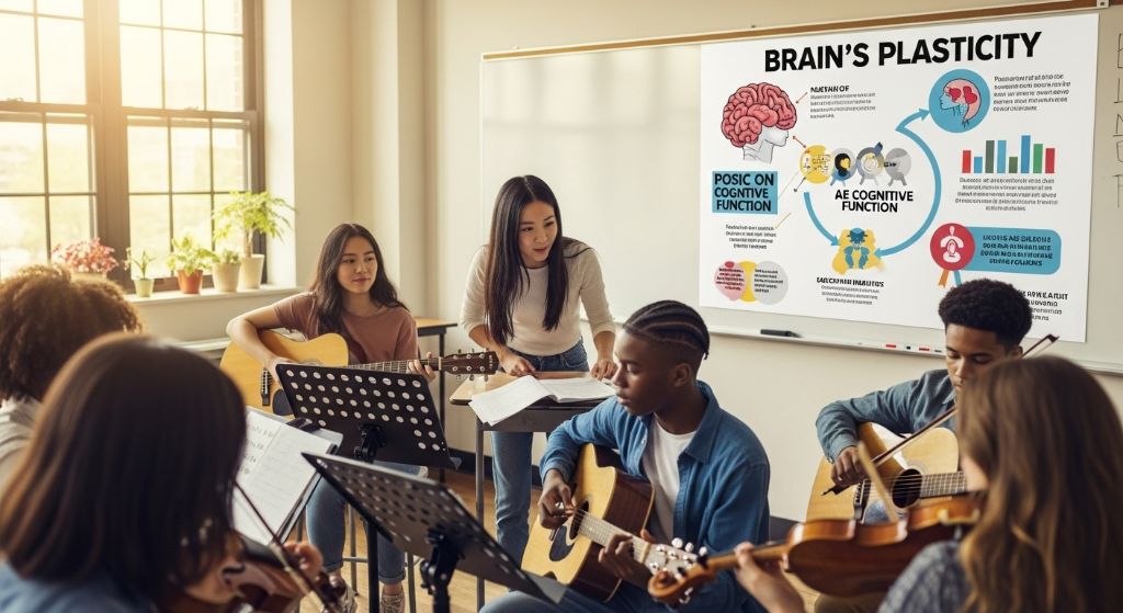Music classroom with students and teacher, with brain plasticity educational poster