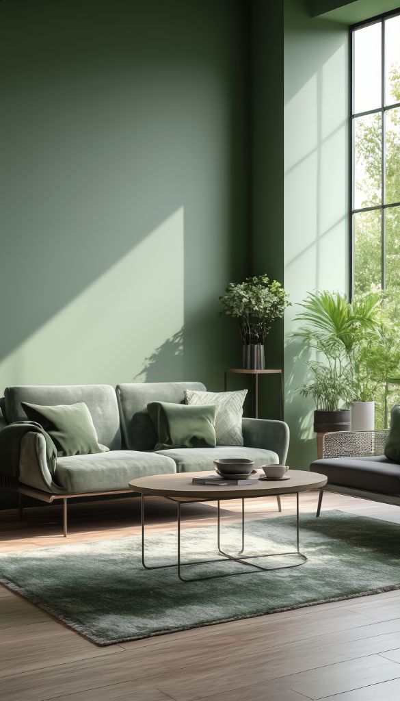 Modern green living room with designer light fixture and abstract art