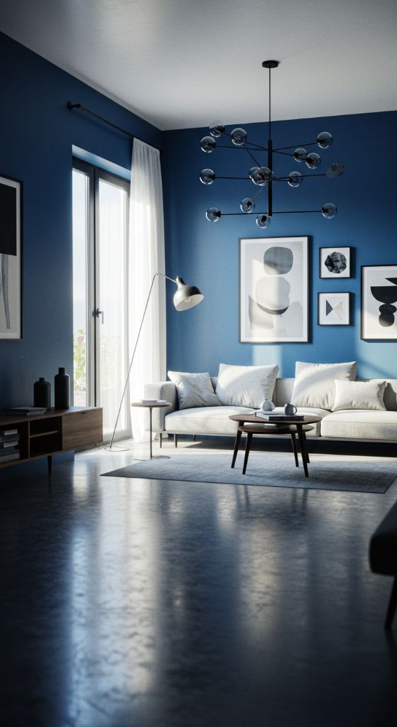 White sofa with blue pillows and geometric chandelier
