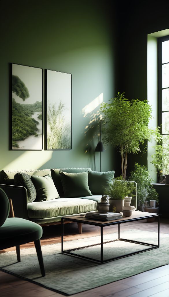 Light green living room with botanical print sofa and white flowers