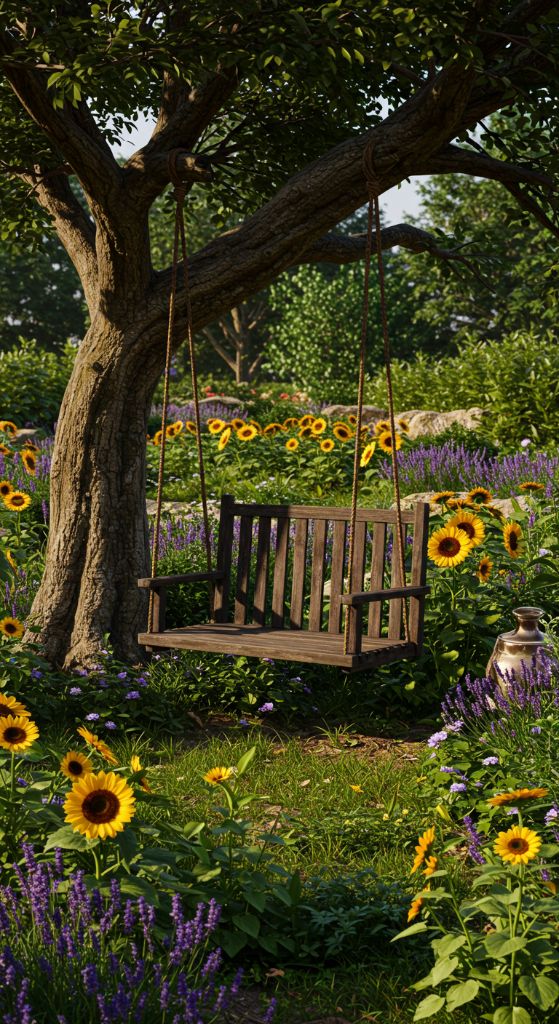 Weathered wooden bench swing at sunrise surrounded by flowers
