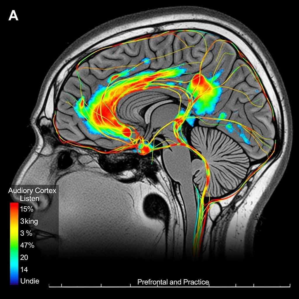 Brain scan showing neural pathways and auditory processing patterns
