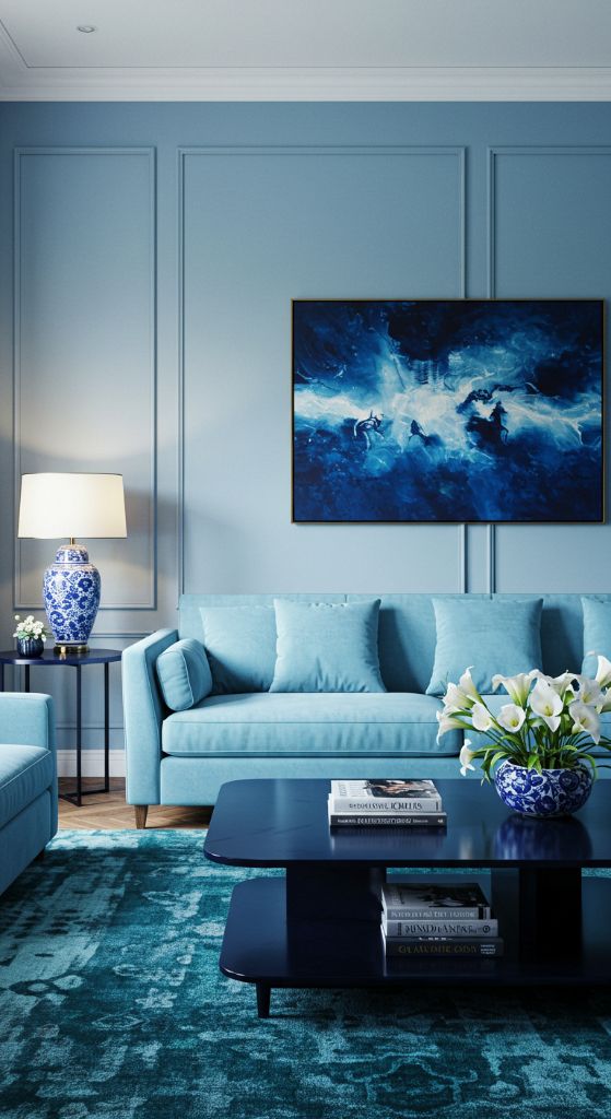 Light Blue Living Room with Abstract Art