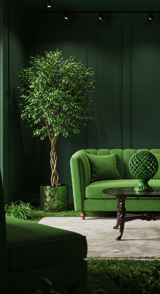 Intensely dark green room with modern lighting and staggered wall art