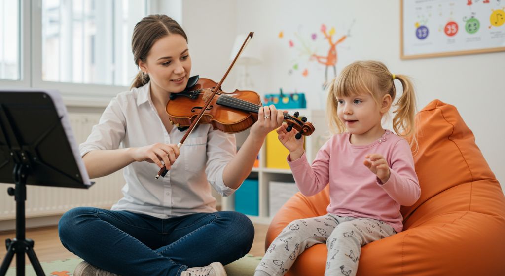 Music teacher instructing a young child on violin in a personal lesson setting