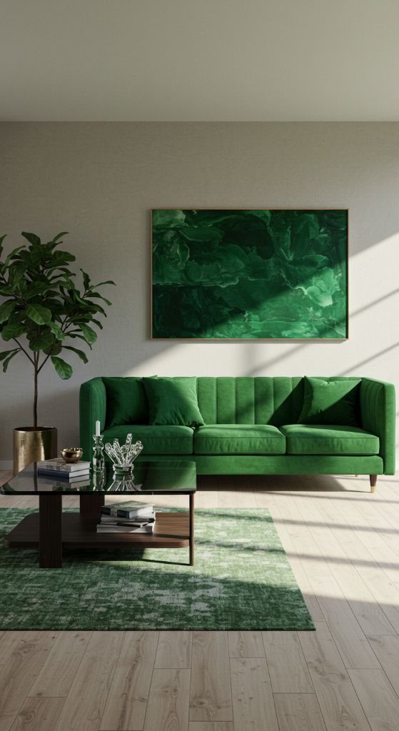 Minimalist green sofa against neutral walls with abstract art