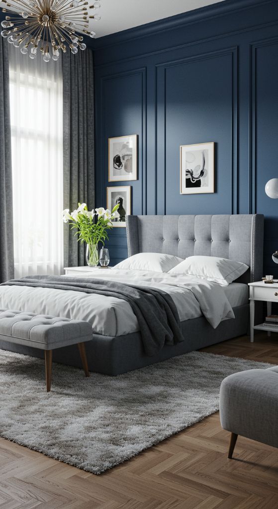 Light Blue Bedroom with Large Windows