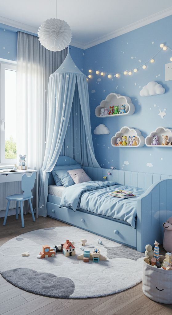 Blue bedroom with canopy bed and string lights