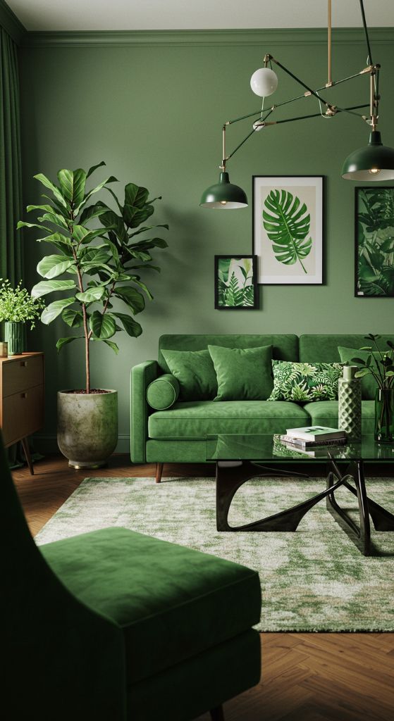 Modern green living room with botanical art prints and statement lighting