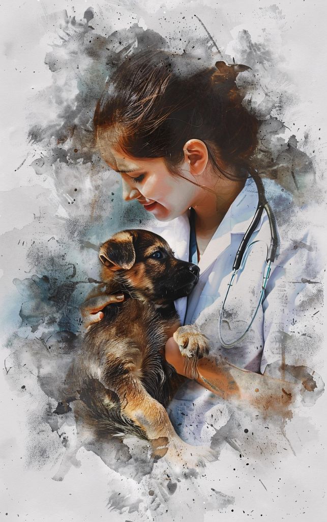 수의사가 강아지를 다정하게 돌보며 건강을 체크하는 모습