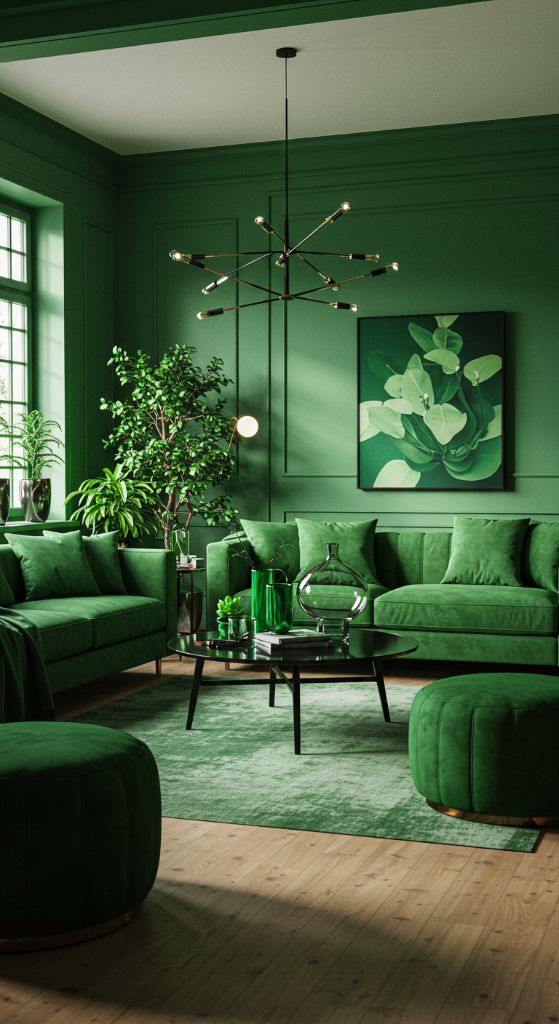 Bright living room with tall windows, green sofa and multiple plants