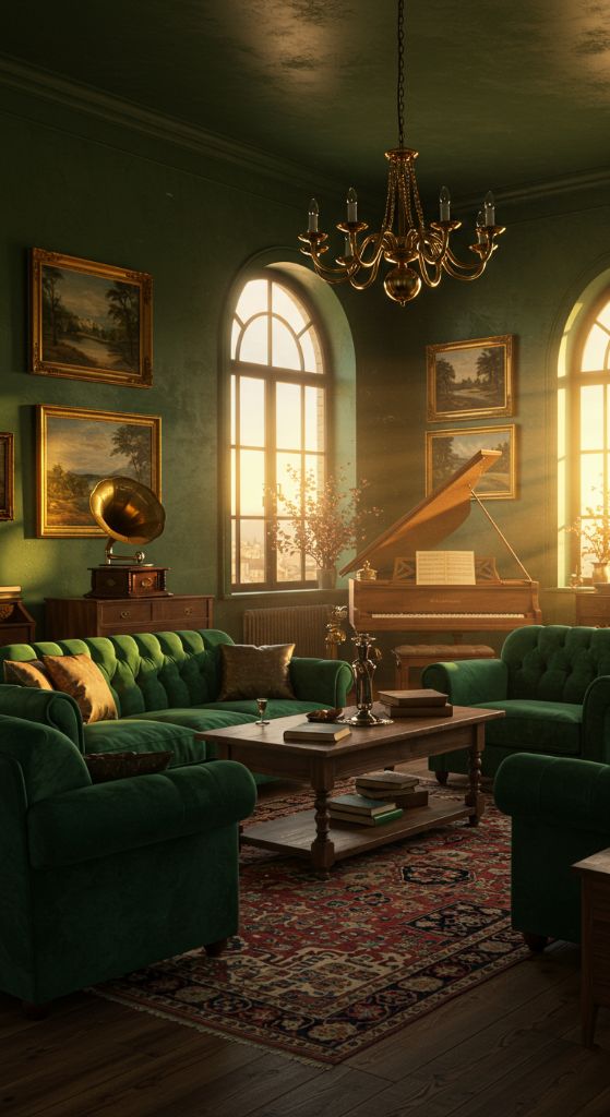 Traditional room with green walls, velvet sofas, chandelier and piano