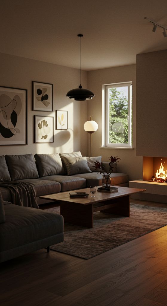 Dark gray leather sectional with minimal decor and abstract art