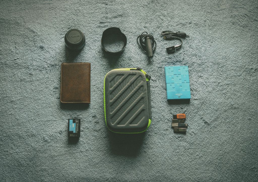 Travel essentials organized on a surface