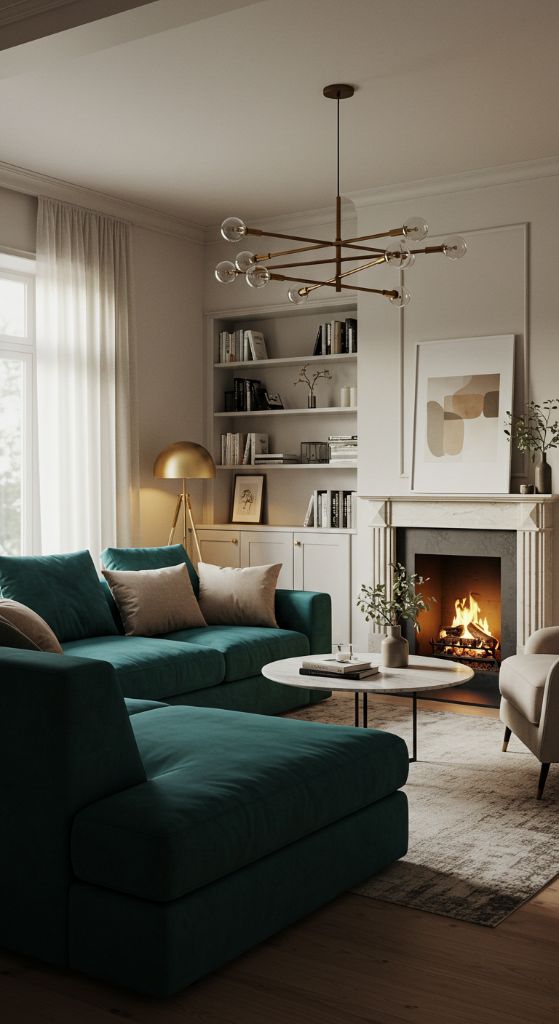 Living room with teal sectional sofa and traditional fireplace