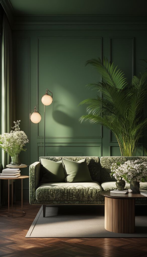 Elegant green living room with palm plants and globe sconces