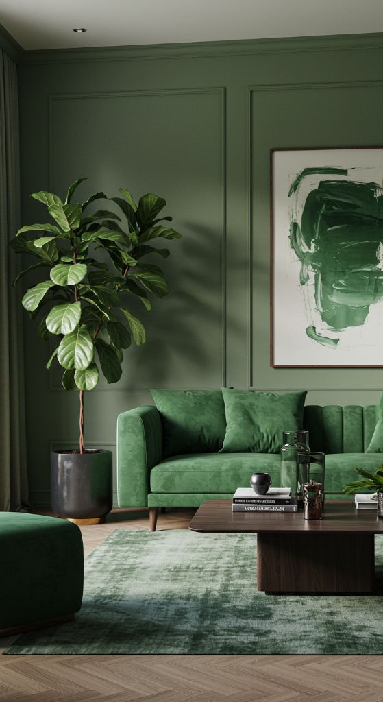Bright modern living space with light green walls and dramatic shadows