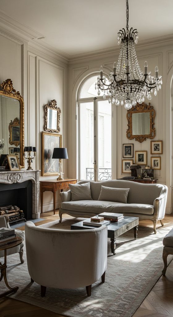 Bright living room with neutral sofa and crystal chandelier