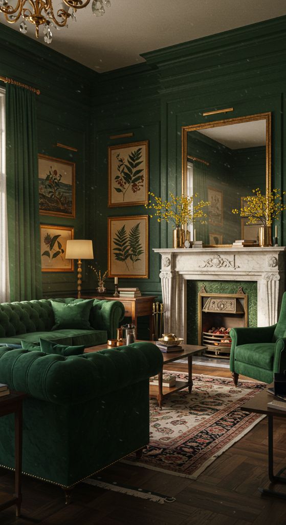 Dark green room with velvet furniture, botanical prints and fireplace